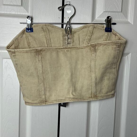 Pretty Little Thing Washed Stone Denim Hook & Eye Structured Corset Top - Picture 7 of 8